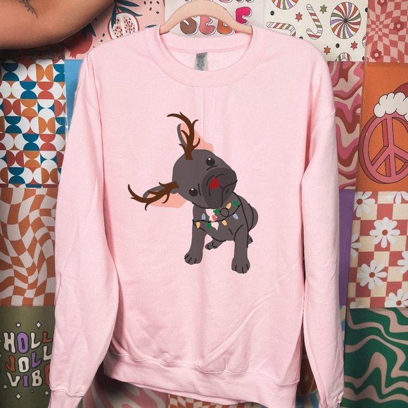 SimplyBeverly Sweaters - Holiday Frenchie with Antlers and Lights Pink Sweatshirt